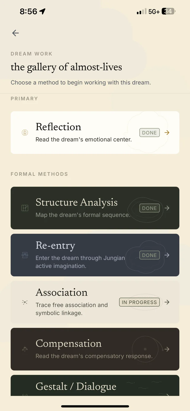 Velum dream work screen listing guided methods such as Re-entry and Gestalt Dialogue
